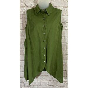 Norma Kamali Medium Green Asymmetrical Sleeveless Button Down Tunic Top 9832‎